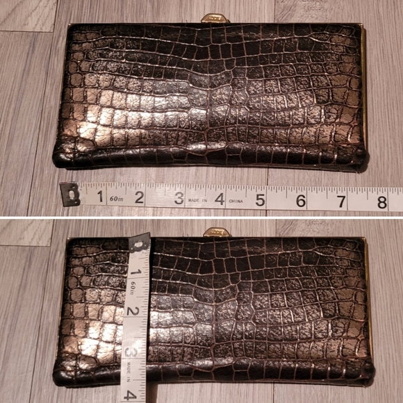 Lodis Vintage Bronze Metallic Croc Embossed Gold Framed Long Wallet, 7.5"x3.5" - Picture 4 of 16
